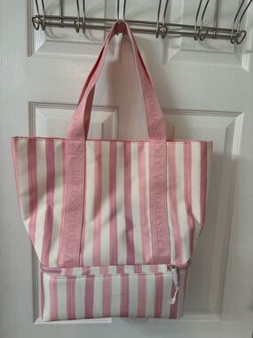 NWT Victoria's Secret Pink & White Striped Canvas Tote cooler on bottom half